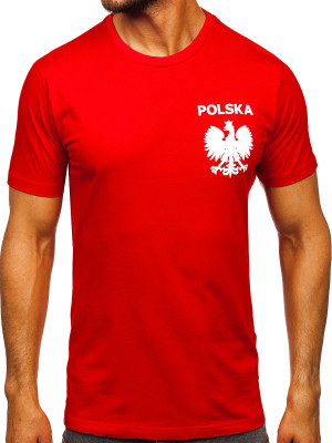 Czerwony bawełniany t-shirt męski narodowy z nadrukiem Polska 5064