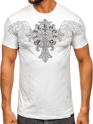Biały t-shirt męski z nadrukiem z cekinami Denley MT3037