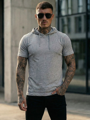 Szary bawełniany t-shirt męski bez nadruku z kapturem Bolf 14513