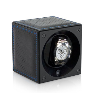 Swiss Kubik Uhrenbeweger Leder Masterbox - Schwarz Gelocht / Blaue Ziernaht