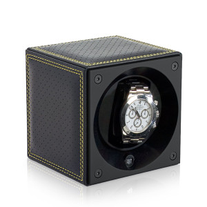 Swiss Kubik Uhrenbeweger Leder Masterbox - Schwarz gelocht / Gelbe Ziernaht
