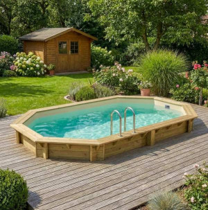 Piscine bois NEMO 5.79 x 3.49- H.1.45 m - Altanka - Bleu clair