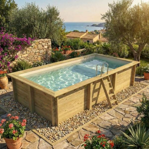 Altanka Piscine bois AQUA 4.65 x 2.85 - H.1.24 m avec plage - Bleu clair