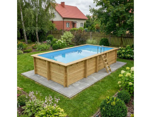 Altanka Piscine bois AQUA 7.00 x 3.75 - H.1.45 m avec plage - Bleu clair