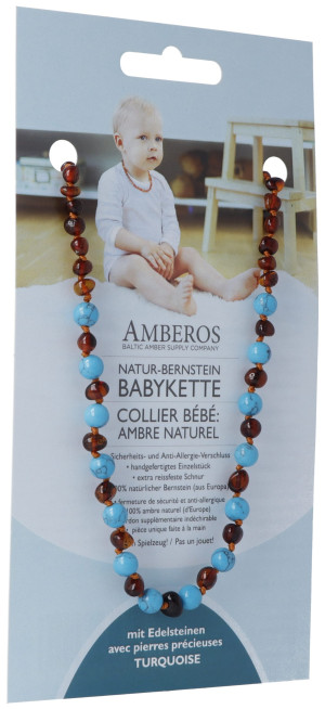 Amberos Natur Bernstein Babykette mit Edelsteinen Cognac-Türkis - 1 Stk.