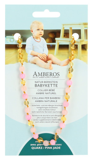 Amberos Natur Bernstein Babykette mit Rosenquarz und Pink Jade - 1 Stk.