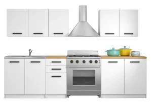 Zestaw białych mebli kuchennych z blatem dąb artisan - Igaris