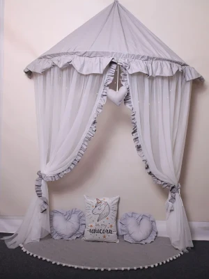 Szaro-biały baldachim dziecięcy z 3 poduszkami matą - Areon 3X