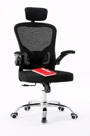 Czarny ergonomiczny fotel biurowy z zagłówkiem do komputera - Meir