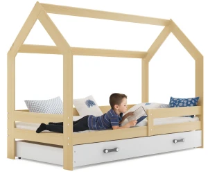 Sosnowe łóżko domek z barierkami i szufladą 80x160 - Erleso