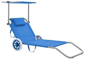 Niebieski leżak ogrodowy z kółkami i zadaszeniem - Giwio