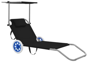 Czarny leżak ogrodowy z kółkami i zadaszeniem - Giwio