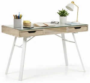 Biurko szklane białe + dąb sonoma - Expan