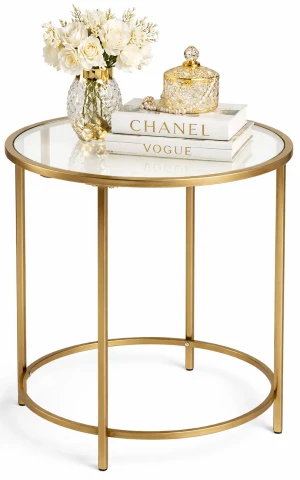 Okrągły złoty stolik kawowy ze szklanym blatem - Driada