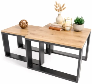 Dwa loftowe stoliki kawowe dąb artisan + czarny - Fareo 3X