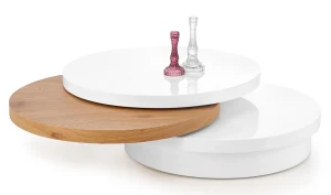 Okrągły stolik kawowy rozkładany Sofia - biały połysk + dąb