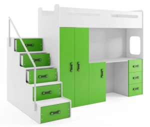Biało-zielone łóżko na antresoli dla dziecka z biurkiem i szafą - Mirida
