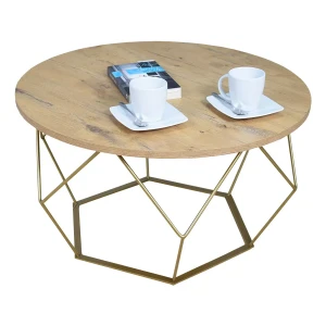 Okrągły stolik kawowy ze złotym stelażem dąb lancelot - Liliana 3X