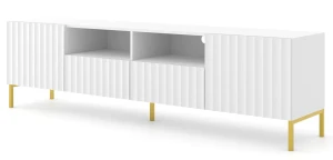 Lamelowa szafka rtv z szufladami biała + złote nóżki - Dixter 4X