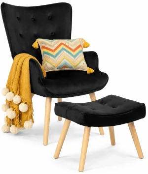 Czarny fotel z podnóżkiem do salonu - Nerra