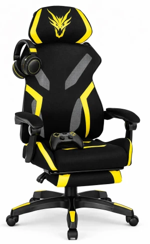 Czarno-żółty fotel gamingowy z podnóżkiem - Talbin