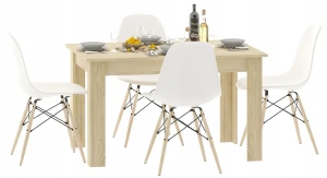 Prostokątny stół dąb sonoma + 4 białe krzesła - Cinar