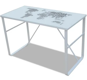 Szklane białe biurko z nadrukiem mapy świata - Meltis 4X