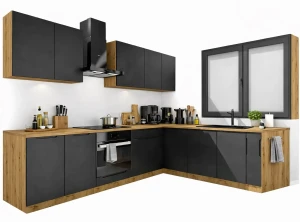 Zestaw narożnych mebli kuchennych 260 cm dąb artisan + czarny - Orfa 28X