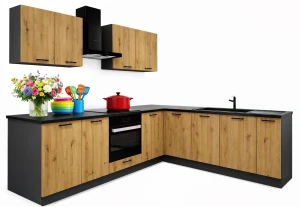 Zestaw mebli do kuchni 260 cm grafit + dąb artisan - Coleo 28X