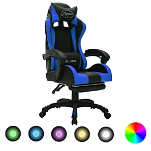 Czarno-niebieski fotel gamingowy z podnóżkiem i diodami LED - Lilla 4X