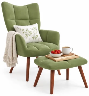 Jasnozielony pikowany fotel wypoczynkowy z podnóżkiem - Debora