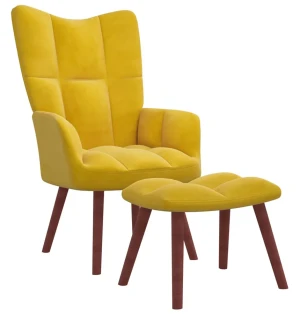 Musztardowy welurowy fotel wypoczynkowy z podnóżkiem - Debora