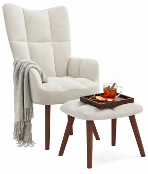 Kremowy nowoczesny fotel wypoczynkowy z podnóżkiem - Debora
