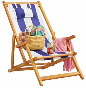 Leżak plażowy z poduszką w biało-niebieskie paski - Sylina