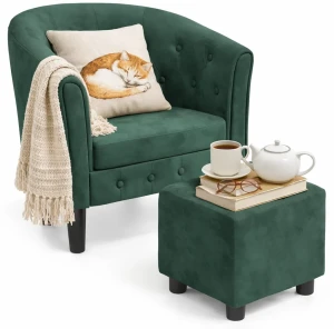 Ciemnozielony welurowy fotel z podnóżkiem - Cypria