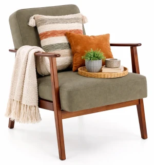 Oliwkowy fotel drewniany typu lisek w stylu vintage - Alexander 3X