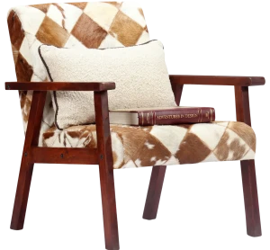 Drewniany tapicerowany skórą naturalną fotel lisek - Medison