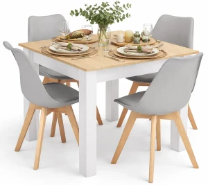 Kwadratowy stół biały + dąb sonoma z 4 szarymi krzesłami - Camino 3X