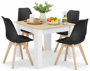 Kwadratowy stół biały + dąb sonoma z czarnymi krzesłami 4 szt - Camino 3X