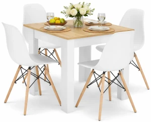 Biały stół z blatem dąb sonoma z białymi krzesłami 4 szt - Camino 4X