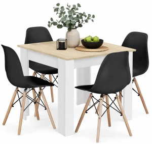 Kwadratowy stół biały + dąb sonoma z 4 czarnymi krzesłami - Camino 4X
