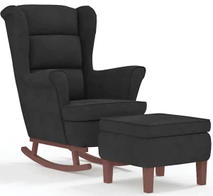 Czarny fotel bujany z oparciem w stylu uszak + podnóżek - Marbel