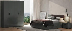 Szary minimalistyczny zestaw do sypialni z szafą i łóżkiem - Xevo 9X