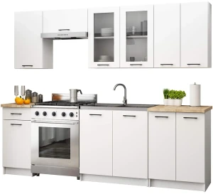 Biały komplet mebli kuchennych z witryną 240 cm - Vivienne