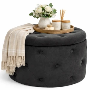 Czarna pikowana pufa ze schowkiem - Lulu