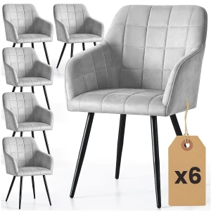 Zestaw 6 szarych welurowych krzeseł pikowanych - Cormelis 4X