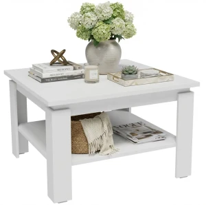 Biały kwadratowy stolik kawowy z półką - Asendri 11X