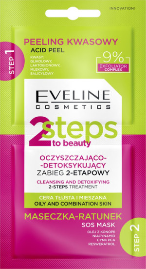 Eveline 2 Steps To Beauty Zabieg 2-etapowy Oczyszczająco-detoksykujący peeling kwasowy + maseczka-ratunek 2x4ml