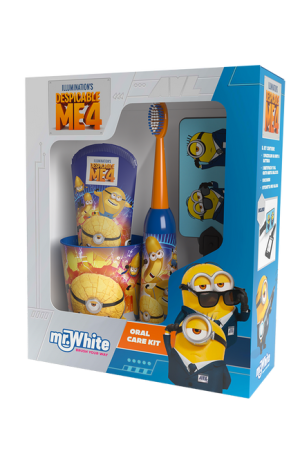 Mr.White Zestaw do mycia zębów dla dzieci Minnions 3+: szczoteczka elektryczna + kubek + pasta + zawieszka