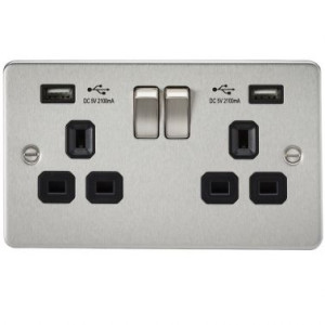 KNIGHTSBRIDGE FLAT PLATE 13A 2G SWITCHED SOCKET WITH DUAL USB CHARGER - BRUSHED CHROME WITH BLACK INSERT, FP9902BC
